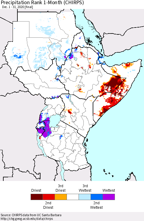 Eastern Africa Precipitation Rank since 1981, 1-Month (CHIRPS) Thematic Map For 12/1/2020 - 12/31/2020
