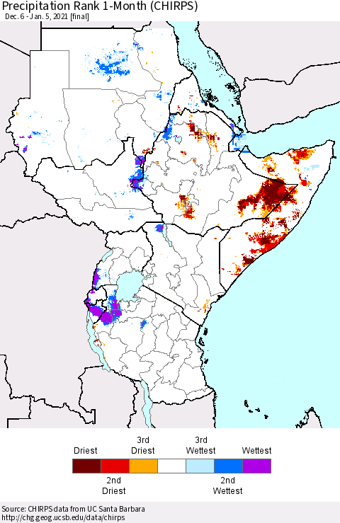 Eastern Africa Precipitation Rank since 1981, 1-Month (CHIRPS) Thematic Map For 12/6/2020 - 1/5/2021