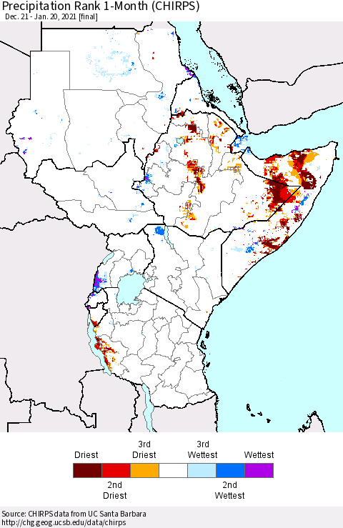 Eastern Africa Precipitation Rank 1-Month (CHIRPS) Thematic Map For 12/21/2020 - 1/20/2021