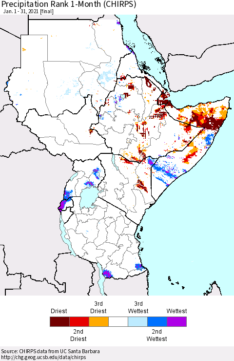 Eastern Africa Precipitation Rank 1-Month (CHIRPS) Thematic Map For 1/1/2021 - 1/31/2021