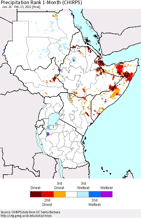 Eastern Africa Precipitation Rank 1-Month (CHIRPS) Thematic Map For 1/16/2021 - 2/15/2021