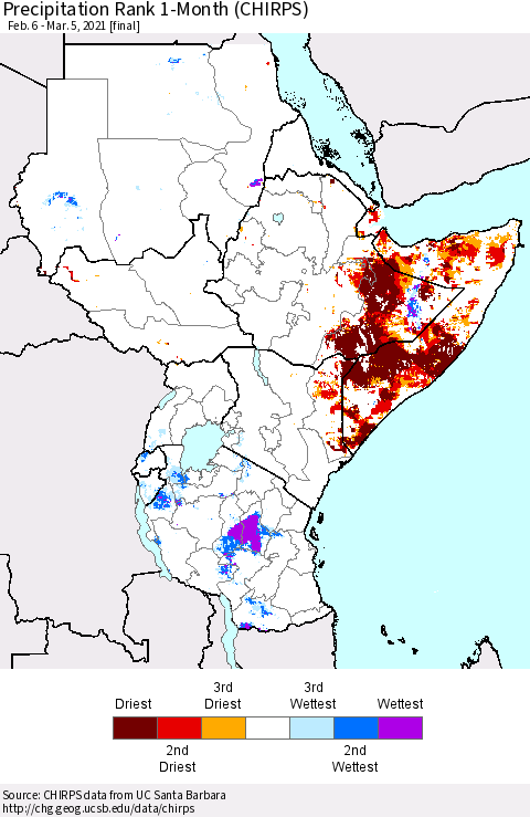 Eastern Africa Precipitation Rank since 1981, 1-Month (CHIRPS) Thematic Map For 2/6/2021 - 3/5/2021