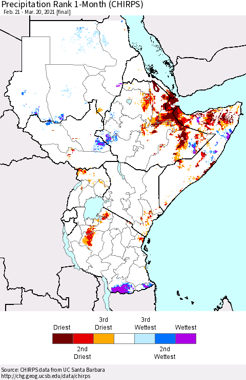 Eastern Africa Precipitation Rank 1-Month (CHIRPS) Thematic Map For 2/21/2021 - 3/20/2021