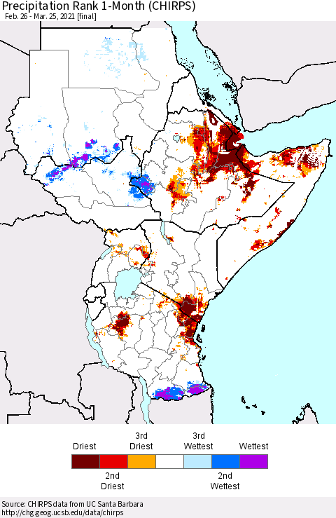 Eastern Africa Precipitation Rank since 1981, 1-Month (CHIRPS) Thematic Map For 2/26/2021 - 3/25/2021