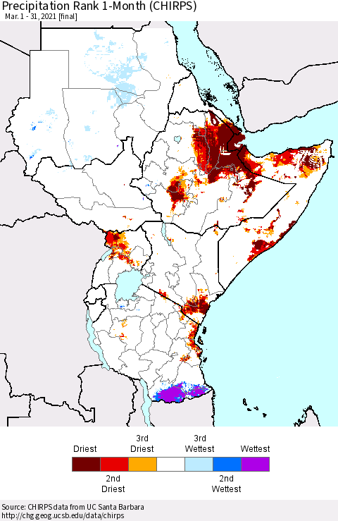 Eastern Africa Precipitation Rank since 1981, 1-Month (CHIRPS) Thematic Map For 3/1/2021 - 3/31/2021