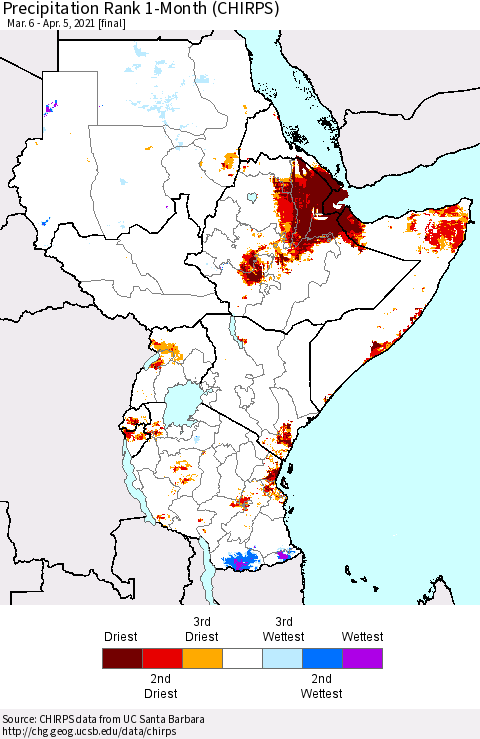 Eastern Africa Precipitation Rank since 1981, 1-Month (CHIRPS) Thematic Map For 3/6/2021 - 4/5/2021