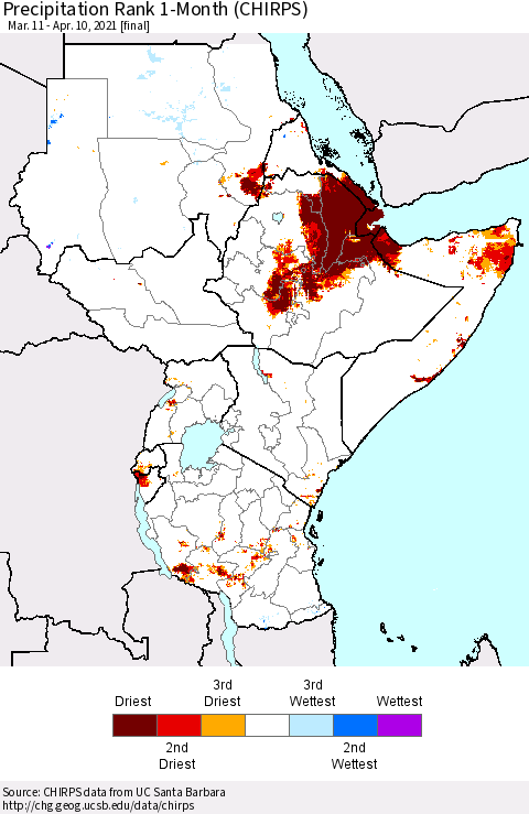 Eastern Africa Precipitation Rank since 1981, 1-Month (CHIRPS) Thematic Map For 3/11/2021 - 4/10/2021