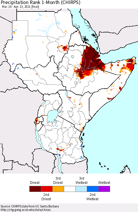 Eastern Africa Precipitation Rank 1-Month (CHIRPS) Thematic Map For 3/16/2021 - 4/15/2021