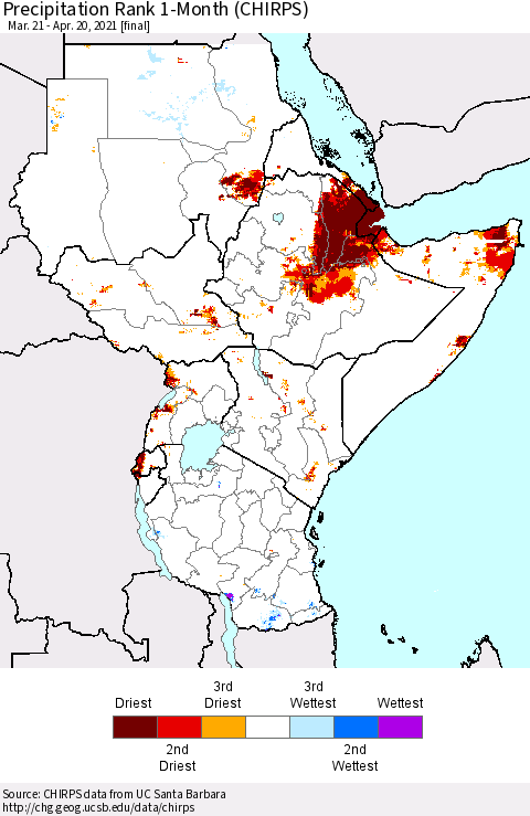 Eastern Africa Precipitation Rank since 1981, 1-Month (CHIRPS) Thematic Map For 3/21/2021 - 4/20/2021