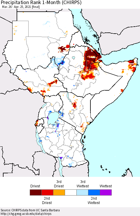 Eastern Africa Precipitation Rank 1-Month (CHIRPS) Thematic Map For 3/26/2021 - 4/25/2021