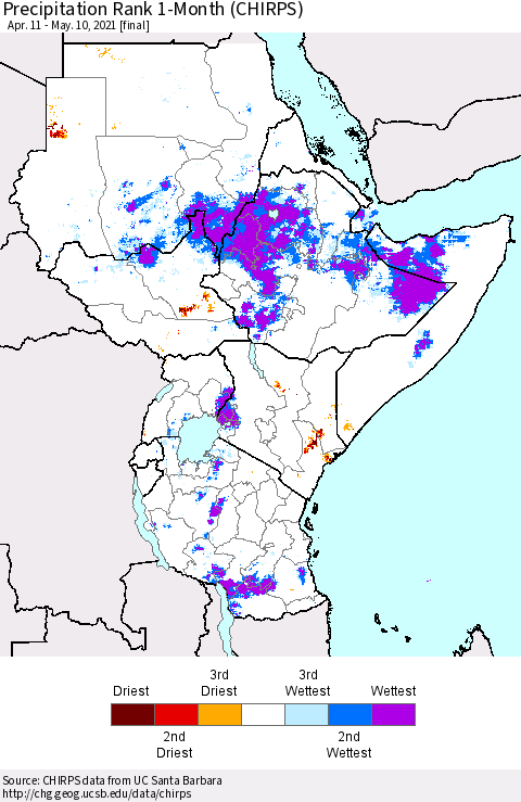 Eastern Africa Precipitation Rank 1-Month (CHIRPS) Thematic Map For 4/11/2021 - 5/10/2021