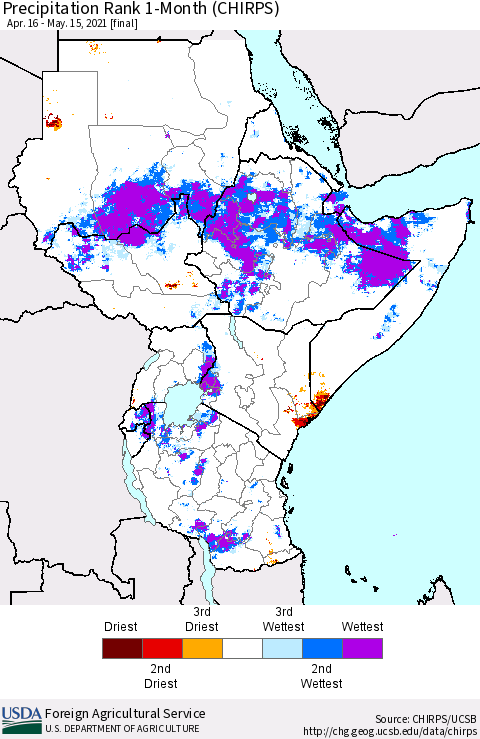 Eastern Africa Precipitation Rank 1-Month (CHIRPS) Thematic Map For 4/16/2021 - 5/15/2021