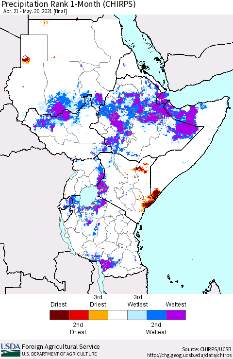 Eastern Africa Precipitation Rank 1-Month (CHIRPS) Thematic Map For 4/21/2021 - 5/20/2021