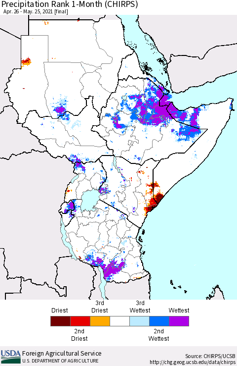Eastern Africa Precipitation Rank 1-Month (CHIRPS) Thematic Map For 4/26/2021 - 5/25/2021