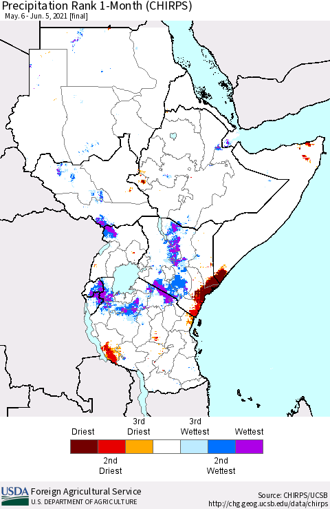 Eastern Africa Precipitation Rank since 1981, 1-Month (CHIRPS) Thematic Map For 5/6/2021 - 6/5/2021