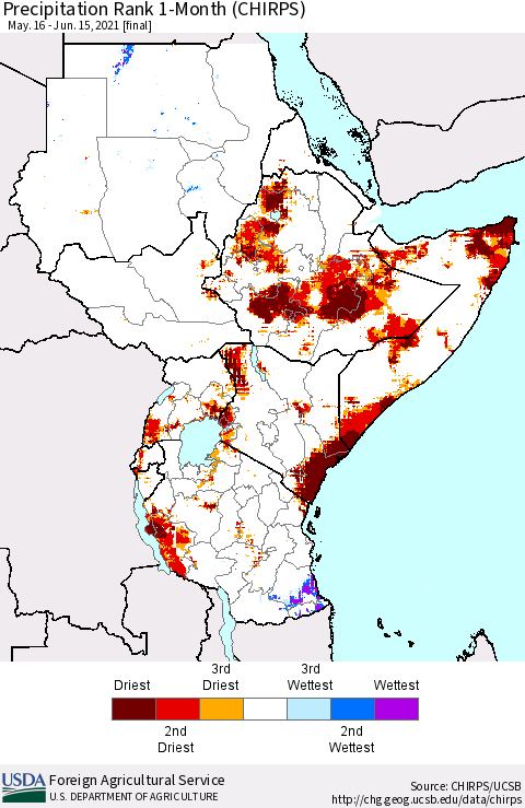 Eastern Africa Precipitation Rank 1-Month (CHIRPS) Thematic Map For 5/16/2021 - 6/15/2021