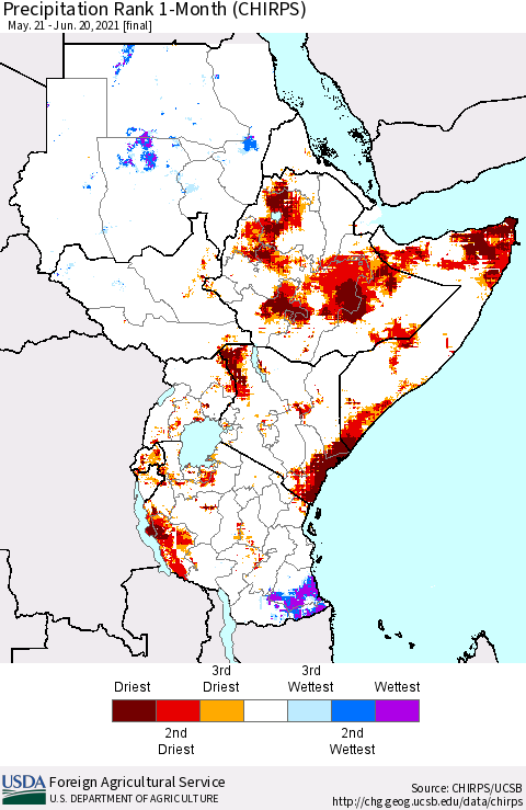 Eastern Africa Precipitation Rank 1-Month (CHIRPS) Thematic Map For 5/21/2021 - 6/20/2021