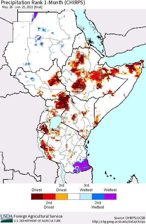 Eastern Africa Precipitation Rank 1-Month (CHIRPS) Thematic Map For 5/26/2021 - 6/25/2021
