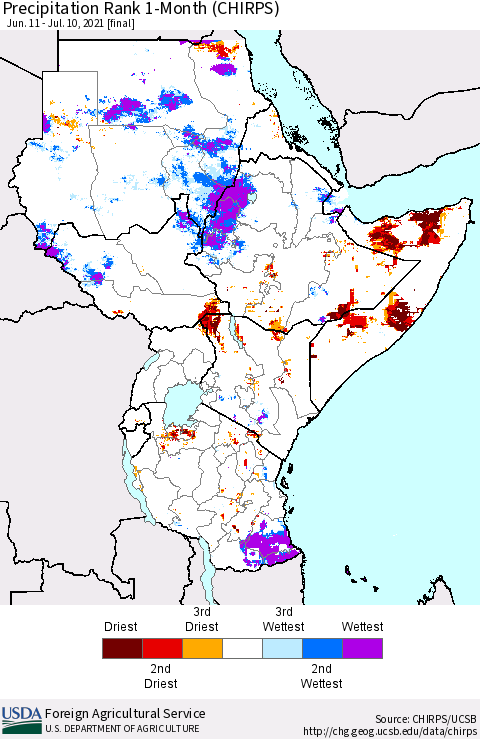Eastern Africa Precipitation Rank 1-Month (CHIRPS) Thematic Map For 6/11/2021 - 7/10/2021