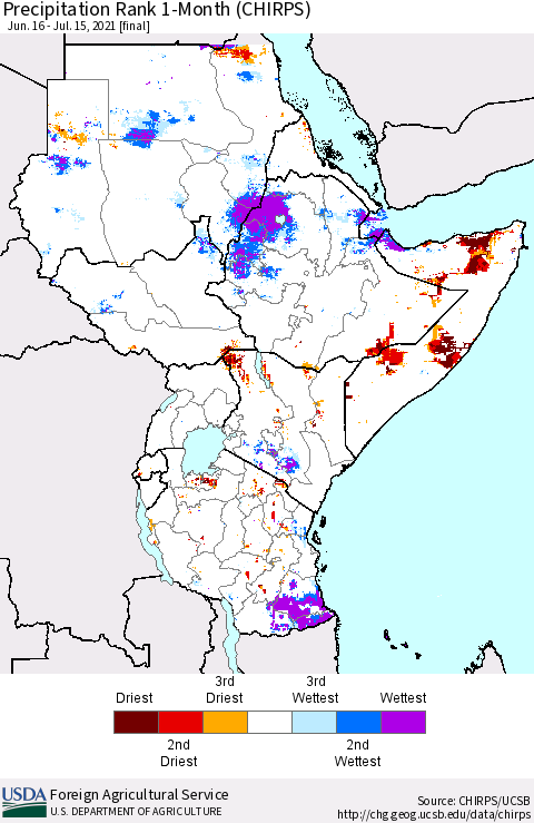 Eastern Africa Precipitation Rank 1-Month (CHIRPS) Thematic Map For 6/16/2021 - 7/15/2021