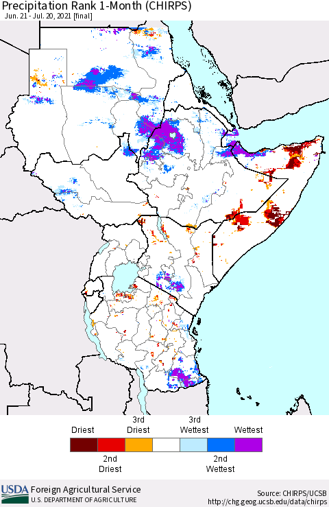 Eastern Africa Precipitation Rank since 1981, 1-Month (CHIRPS) Thematic Map For 6/21/2021 - 7/20/2021