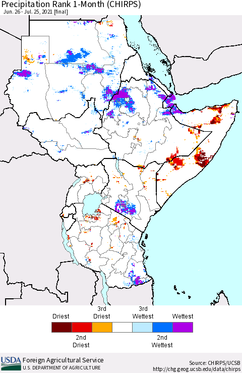 Eastern Africa Precipitation Rank 1-Month (CHIRPS) Thematic Map For 6/26/2021 - 7/25/2021