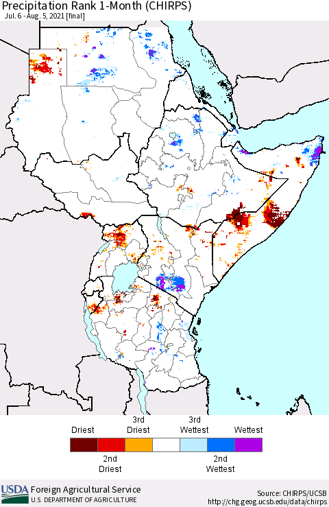 Eastern Africa Precipitation Rank 1-Month (CHIRPS) Thematic Map For 7/6/2021 - 8/5/2021