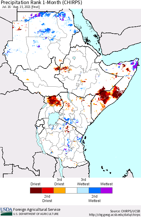 Eastern Africa Precipitation Rank 1-Month (CHIRPS) Thematic Map For 7/16/2021 - 8/15/2021