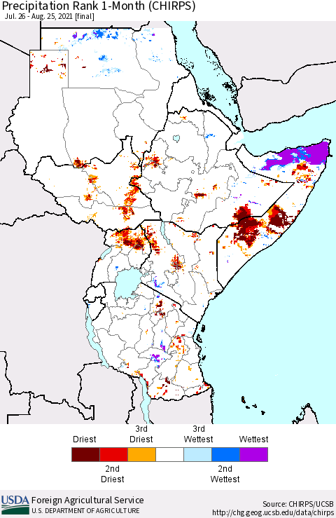 Eastern Africa Precipitation Rank since 1981, 1-Month (CHIRPS) Thematic Map For 7/26/2021 - 8/25/2021