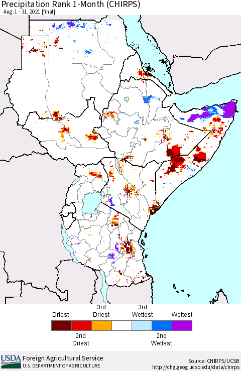Eastern Africa Precipitation Rank 1-Month (CHIRPS) Thematic Map For 8/1/2021 - 8/31/2021