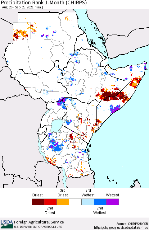 Eastern Africa Precipitation Rank 1-Month (CHIRPS) Thematic Map For 8/26/2021 - 9/25/2021