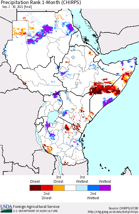 Eastern Africa Precipitation Rank since 1981, 1-Month (CHIRPS) Thematic Map For 9/1/2021 - 9/30/2021