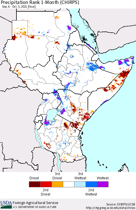 Eastern Africa Precipitation Rank since 1981, 1-Month (CHIRPS) Thematic Map For 9/6/2021 - 10/5/2021