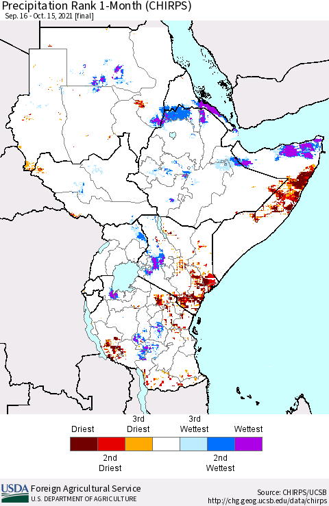 Eastern Africa Precipitation Rank 1-Month (CHIRPS) Thematic Map For 9/16/2021 - 10/15/2021