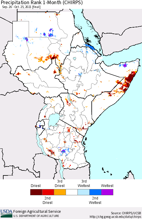 Eastern Africa Precipitation Rank 1-Month (CHIRPS) Thematic Map For 9/26/2021 - 10/25/2021