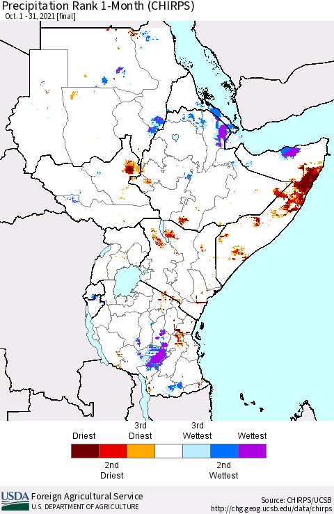 Eastern Africa Precipitation Rank 1-Month (CHIRPS) Thematic Map For 10/1/2021 - 10/31/2021