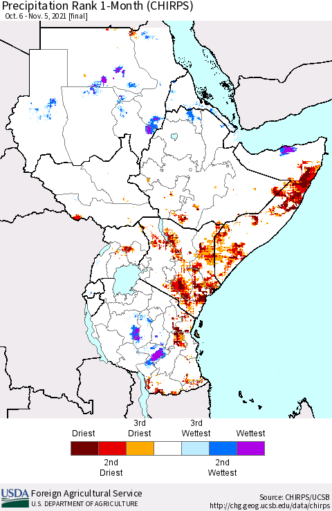 Eastern Africa Precipitation Rank 1-Month (CHIRPS) Thematic Map For 10/6/2021 - 11/5/2021