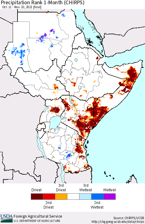 Eastern Africa Precipitation Rank 1-Month (CHIRPS) Thematic Map For 10/11/2021 - 11/10/2021