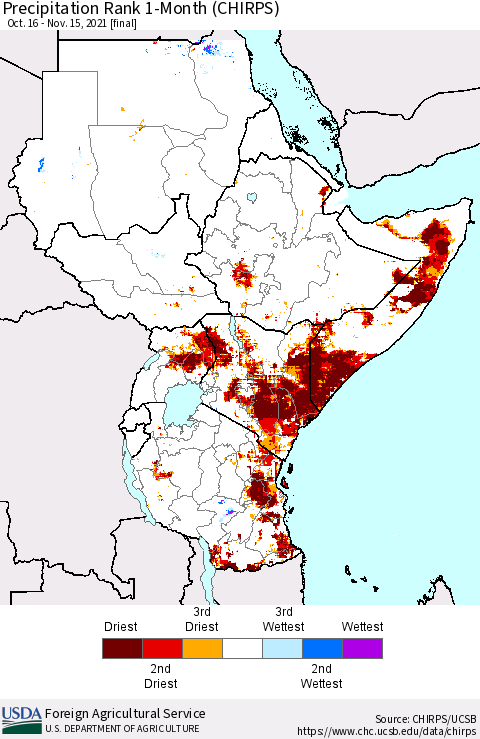 Eastern Africa Precipitation Rank since 1981, 1-Month (CHIRPS) Thematic Map For 10/16/2021 - 11/15/2021