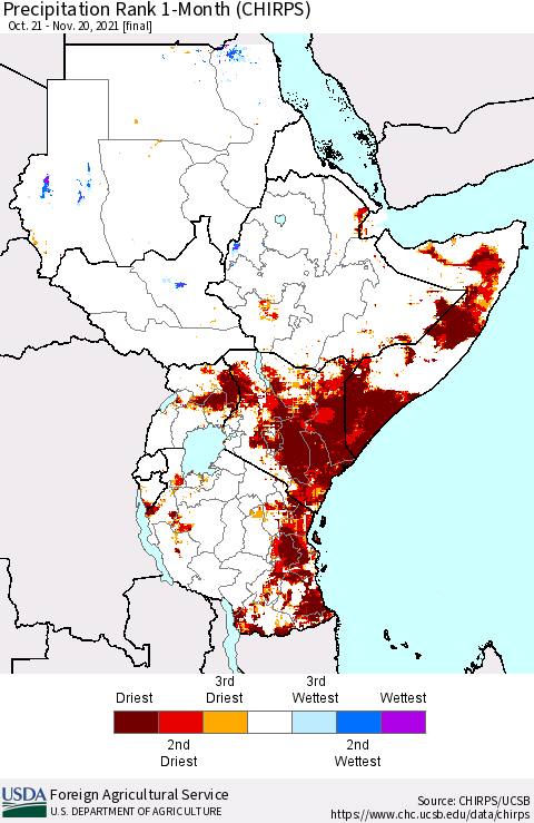 Eastern Africa Precipitation Rank 1-Month (CHIRPS) Thematic Map For 10/21/2021 - 11/20/2021