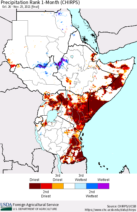 Eastern Africa Precipitation Rank 1-Month (CHIRPS) Thematic Map For 10/26/2021 - 11/25/2021