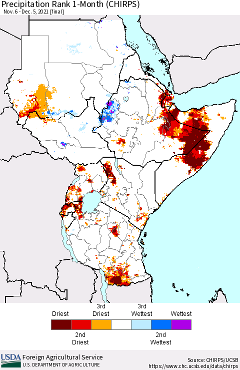 Eastern Africa Precipitation Rank 1-Month (CHIRPS) Thematic Map For 11/6/2021 - 12/5/2021