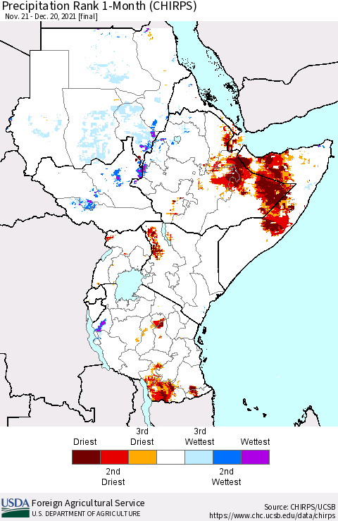 Eastern Africa Precipitation Rank 1-Month (CHIRPS) Thematic Map For 11/21/2021 - 12/20/2021