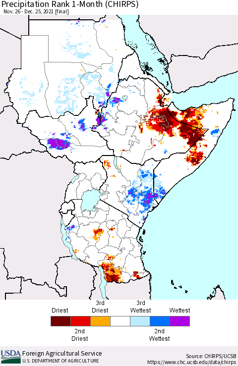 Eastern Africa Precipitation Rank 1-Month (CHIRPS) Thematic Map For 11/26/2021 - 12/25/2021