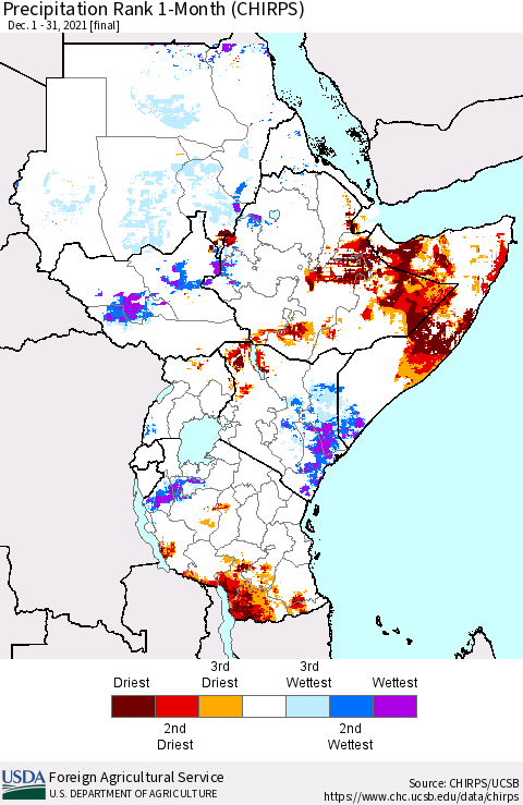Eastern Africa Precipitation Rank 1-Month (CHIRPS) Thematic Map For 12/1/2021 - 12/31/2021