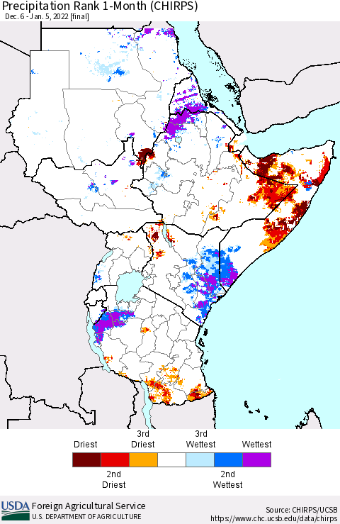 Eastern Africa Precipitation Rank 1-Month (CHIRPS) Thematic Map For 12/6/2021 - 1/5/2022