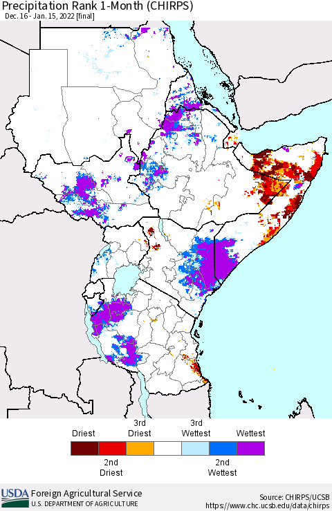 Eastern Africa Precipitation Rank since 1981, 1-Month (CHIRPS) Thematic Map For 12/16/2021 - 1/15/2022