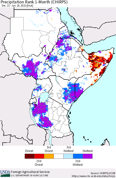 Eastern Africa Precipitation Rank 1-Month (CHIRPS) Thematic Map For 12/21/2021 - 1/20/2022