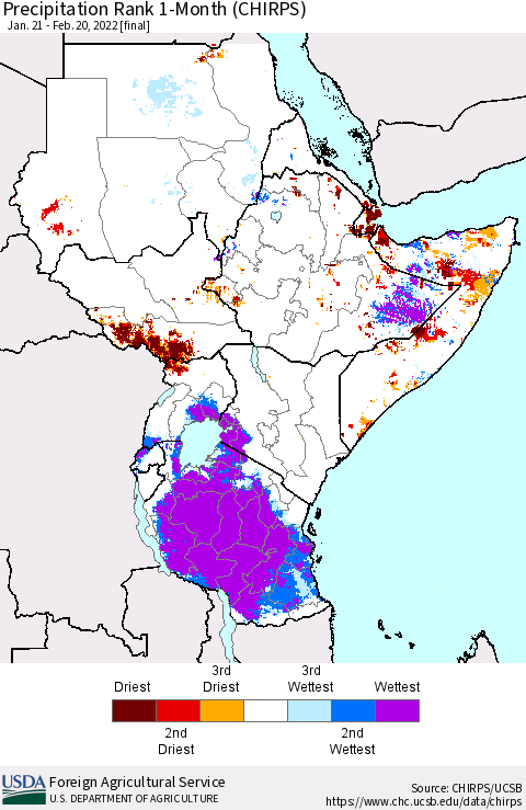 Eastern Africa Precipitation Rank 1-Month (CHIRPS) Thematic Map For 1/21/2022 - 2/20/2022