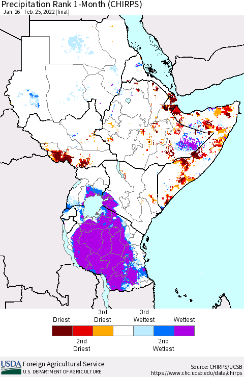 Eastern Africa Precipitation Rank 1-Month (CHIRPS) Thematic Map For 1/26/2022 - 2/25/2022